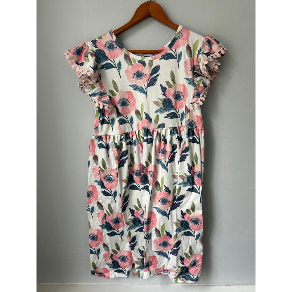 Adorable Sweetness Girls Pink Floral Poppy Flutter Sleeve Pom Pom Dress Size 12